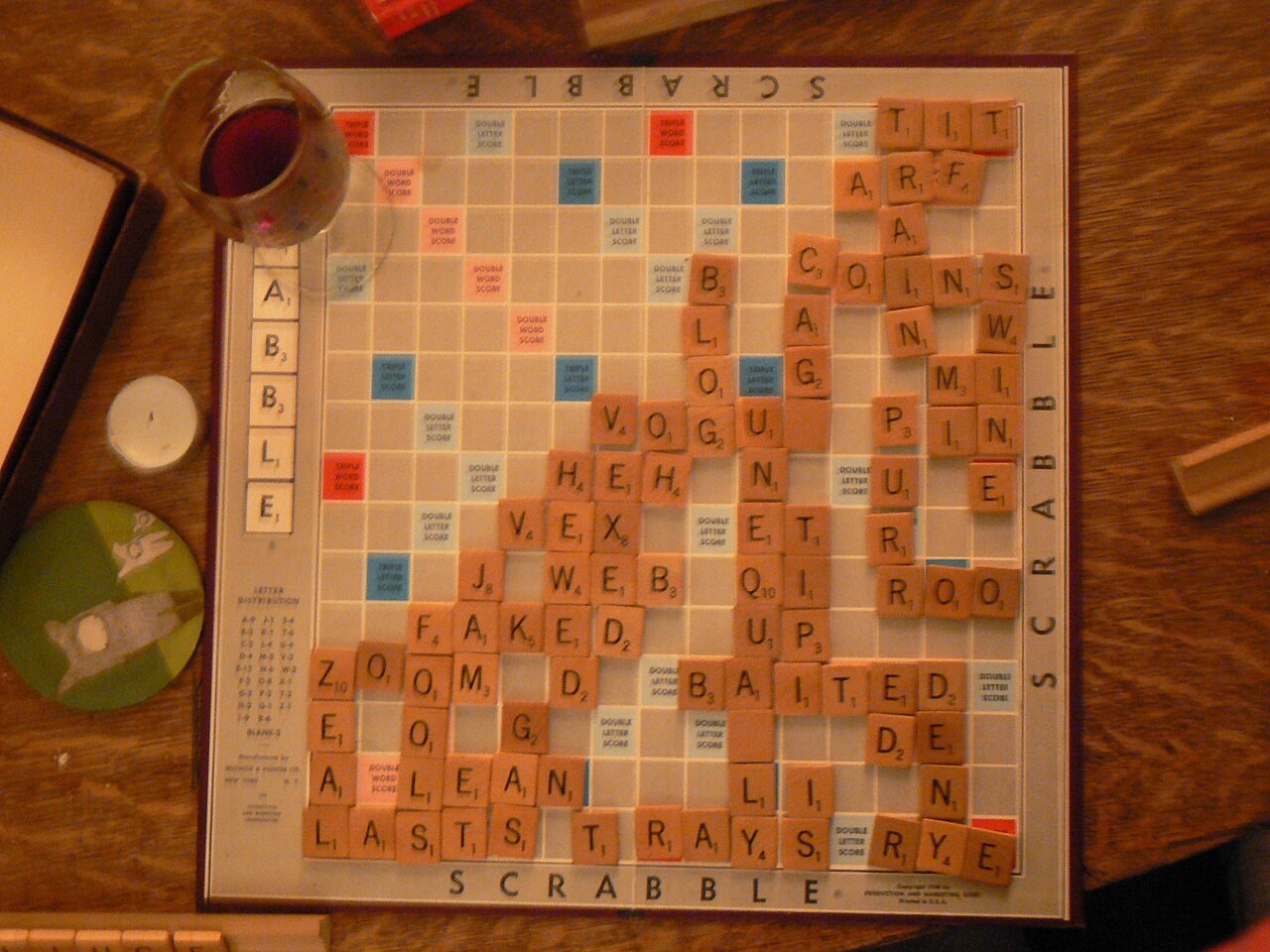 A well-played Scrabble board, photographed in January 2008.